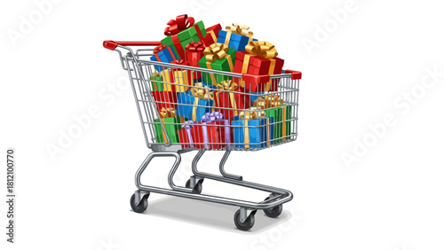 Shopping cart overflowing with colorful gift boxes