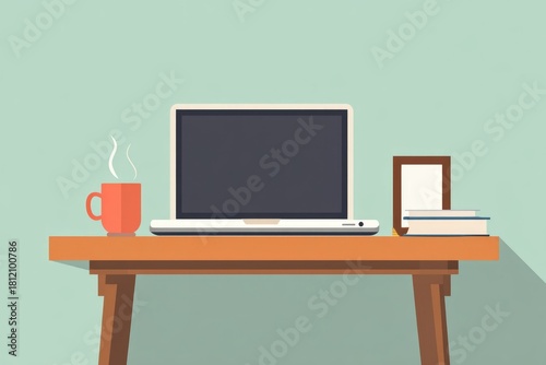 Flat workspace illustration with laptop — freelance desk setup, productivity and remote work concept.
