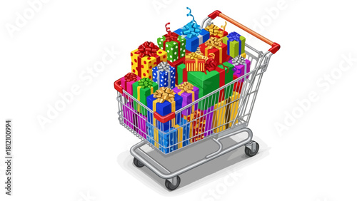 Shopping cart overflowing with colorful giftwrapped boxes