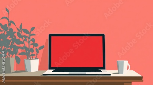 Flat workspace illustration with laptop — freelance desk setup, productivity and remote work concept.