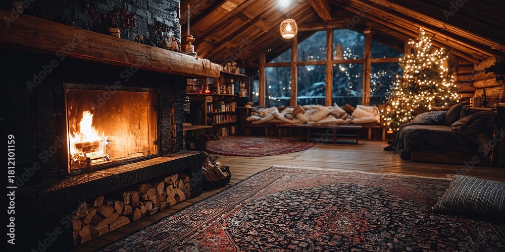 Naklejka premium Cozy wooden cabin living room with roaring stone fireplace and bokeh-lit Christmas tree in warm glow. Rustic holiday hearth comfort, inviting festive winter sanctuary vibe.