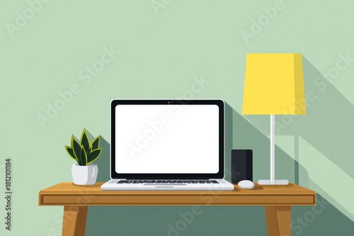 Flat workspace illustration with laptop — freelance desk setup, productivity and remote work concept.