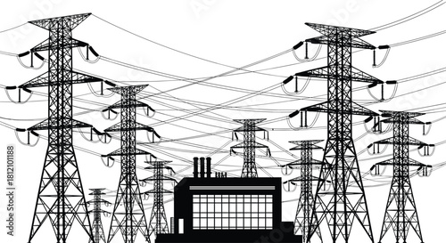 High voltage power lines and transmission tower silhouettes, industrial electric pylons grid, connecting to factory station, energy distribution vector illustration.