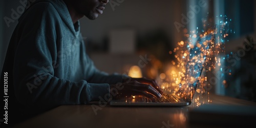 Bearded man in glasses types on laptop with flowing holographic AI code data streams. Intense futuristic coding, innovative AI collaboration tech vibe.