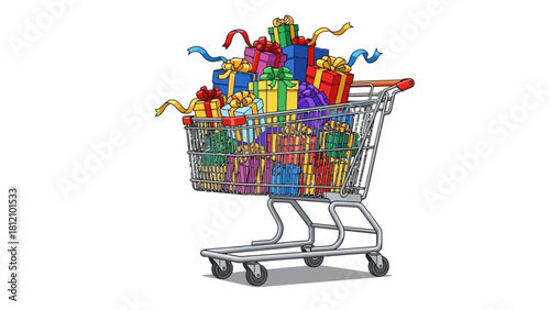 Shopping cart overflowing with colorful giftwrapped boxes and ribbons
