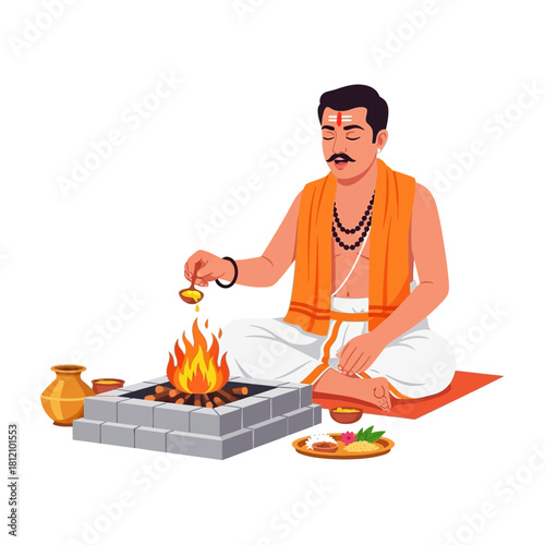 Hindu Priest Performing Traditional Havan Ritual with Sacred Fire and Offerings