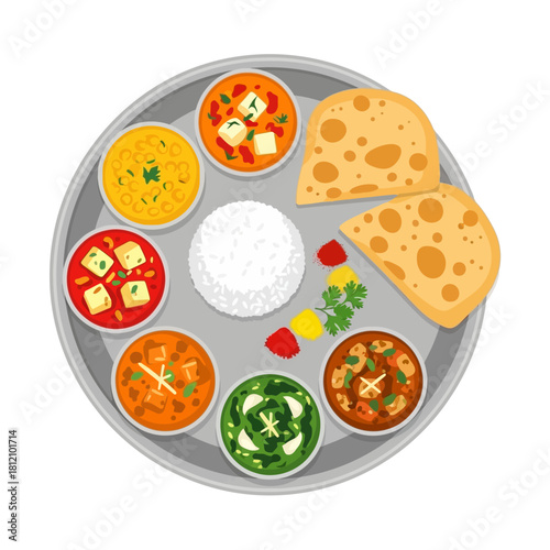 Delicious Indian Food Platter with Rice and Flatbread