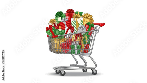 Shopping cart overflowing with colorful wrapped gifts