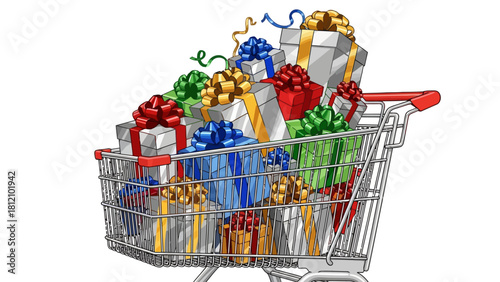 Shopping cart overflowing with gifts