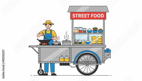 Street Food Vendor Preparing a Meal on a Cart