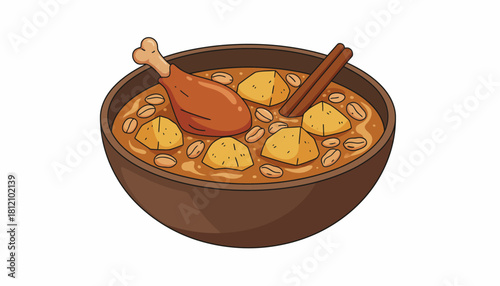 Cartoon vector illustration of a traditional Thai Massaman curry with chicken and potatoes