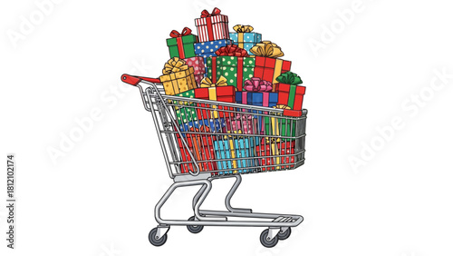 Shopping cart piled high with colorful giftwrapped presents