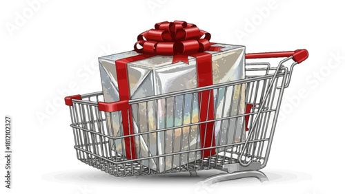 Shopping cart with a giftwrapped box and red ribbon
