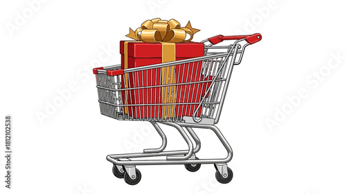 Shopping cart with a red gift box and gold ribbon