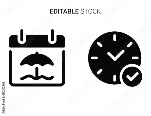 Vacation planning, time management calendar with clock and checkmark icon set vector