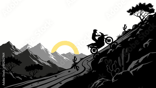 Silhouette of motorcyclist riding up a rocky desert hill at sunrise