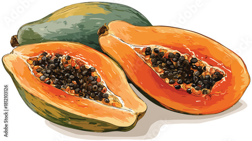 Vibrant Fresh Papaya Fruit with Seeds and Juicy Orange Flesh Vector Illustration