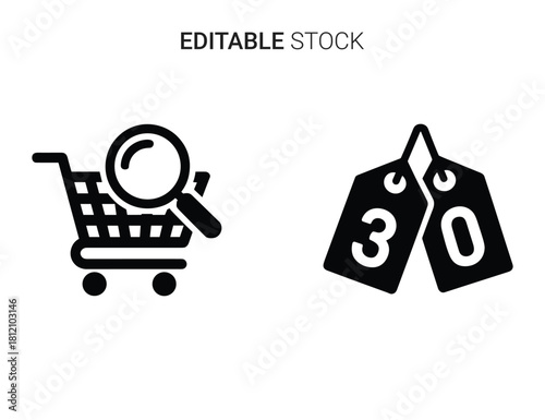 E-commerce search icon with shopping cart and discount price tags, retail sale theme.