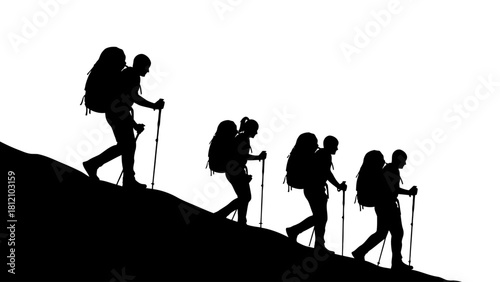 Silhouettes of five hikers with backpacks ascend a slope against a white background