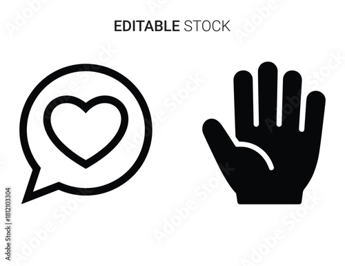 Social media interaction and communication symbols: heart speech bubble and stop hand gesture.