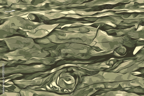 An abstract camouflage seamless pattern, featuring wavy shapes in seven shades of olive green and beige. Perfect for modern military designs and textiles.