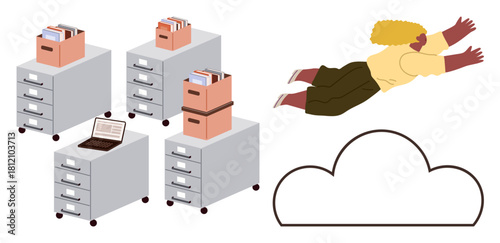 Flying woman representing innovation above file cabinets, cloud icon symbolizing data migration. Ideal for cloud computing, digital transformation, technology, data management, innovation, business
