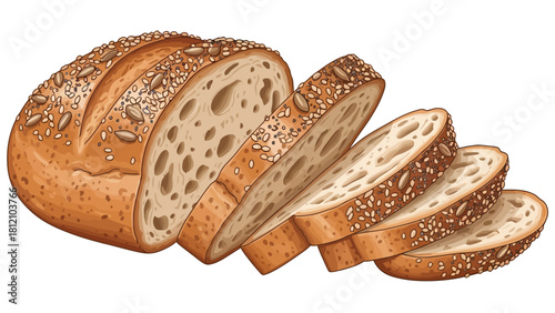 Sliced loaf of rustic bread with seeds on a white background