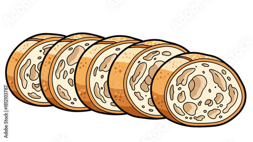 Sliced rustic bread with a thick crust and airy interior