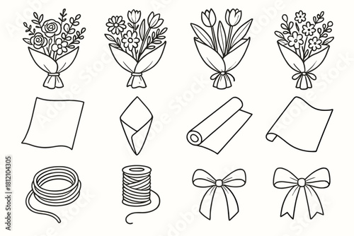 Set floral icon wrapping bow icons twine paper bouquet vector ribbon