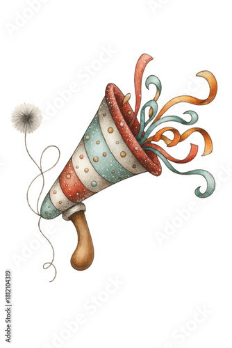 Cute Watercolor Party Popper with Ribbons New Year Celebration Vector Illustration
