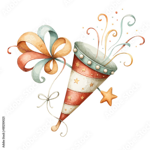 Festive Watercolor Party Popper with Decorative Bow and Sparkles Vector Illustration
