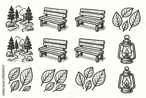 Nature lantern forest vector icons icon wooden minimal leaves walk path bench