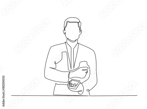 Continuous line art drawing of cashier holding EDC electronic payment device post terminal. Editable stroke.