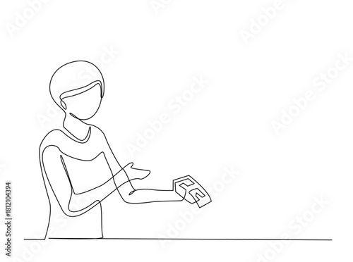 Continuous line art drawing of cashier holding EDC electronic payment device post terminal. Editable stroke.