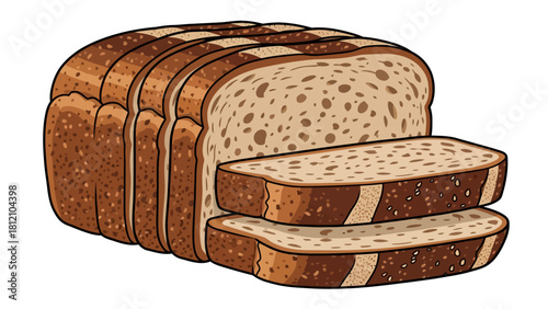 Sliced whole wheat bread loaf with two slices in foreground