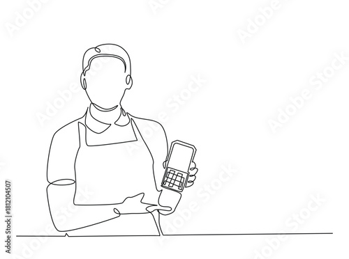 Continuous line art drawing of cashier holding EDC electronic payment device post terminal. Editable stroke.