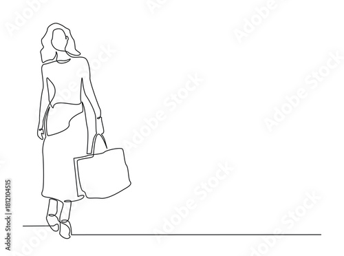 Continuous line art drawing of trendy woman carrying shopping bags. Editable stroke.