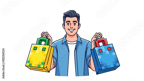 Smiling man holding two pixelated shopping bags one yellow and one blue