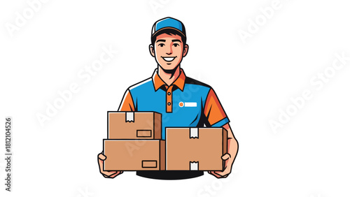 Smiling delivery man holding three cardboard boxes