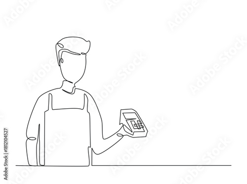 Continuous line art drawing of cashier holding EDC electronic payment device post terminal. Editable stroke.