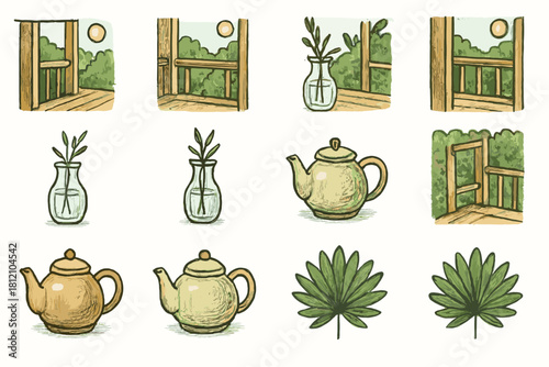 Garden icon glass ink icons vector afternoon leaf porch teapot vase fan