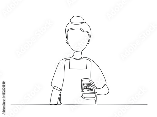 Continuous line art drawing of cashier holding EDC electronic payment device post terminal. Editable stroke.