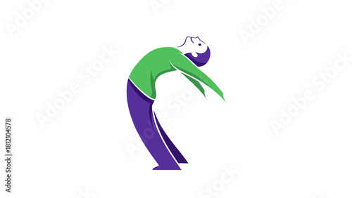 Stylized figure in green shirt and purple pants arching backward