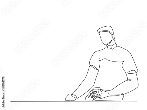 Continuous line art drawing of cashier holding EDC electronic payment device post terminal. Editable stroke.