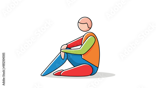Stylized figure in vibrant colors sitting with knees pulled to chest