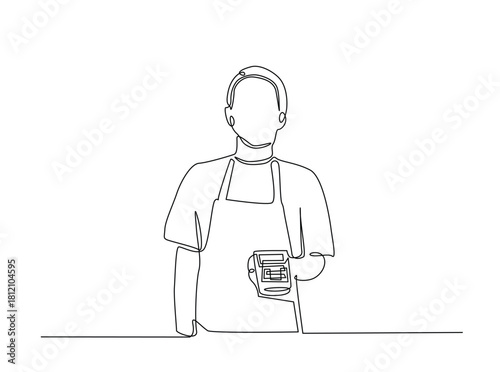 Continuous line art drawing of cashier holding EDC electronic payment device post terminal. Editable stroke.