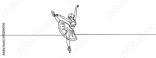 A graceful ballerina is captured in a dynamic pose with a continuous line drawing style — stock vector.
