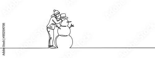 A continuous line drawing shows a person putting a top hat on a snowman's head — stock illustration.
