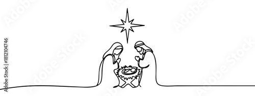 A single line drawing depicts the nativity scene of Mary, Joseph, and baby Jesus under the Star of Bethlehem — stock illustration.