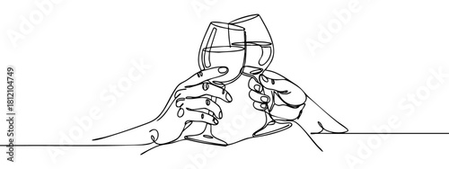 Two hands toasting with wine glasses in a simple, minimalist continuous line style — stock vector.